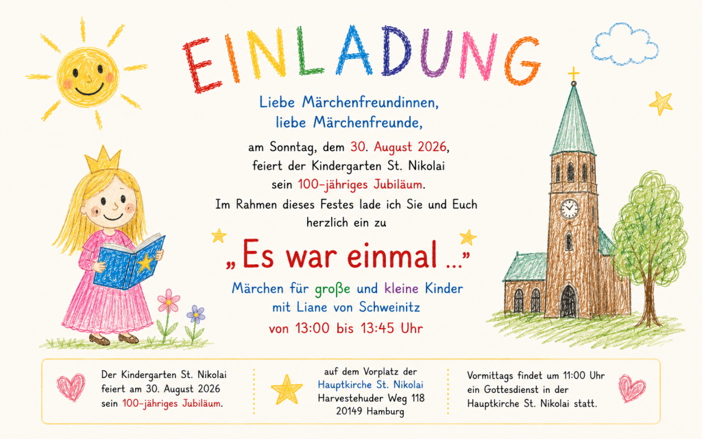 Einladung zur Märchenstunde am 30.08.2026 anläßlich des 100jährigen Jubiläums des Kindergartens St. Nikolai